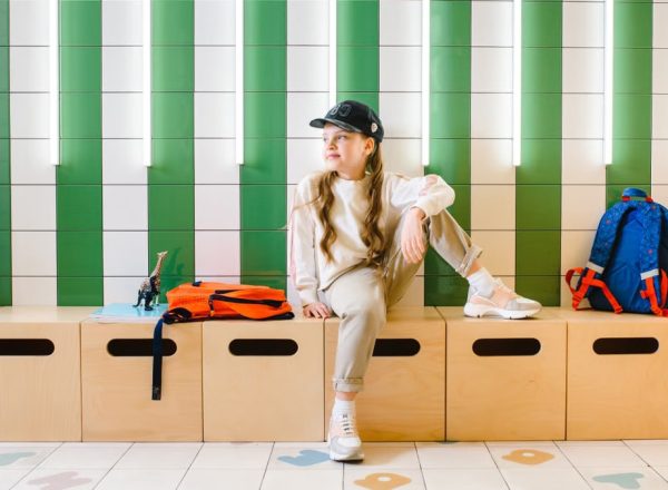 A young girl sitting indoors on a bench, with a backpack and hat, looking thoughtful.